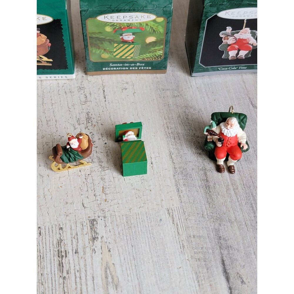 Hallmark miniature Santa variety gift box like Coke ornament Xmas set
